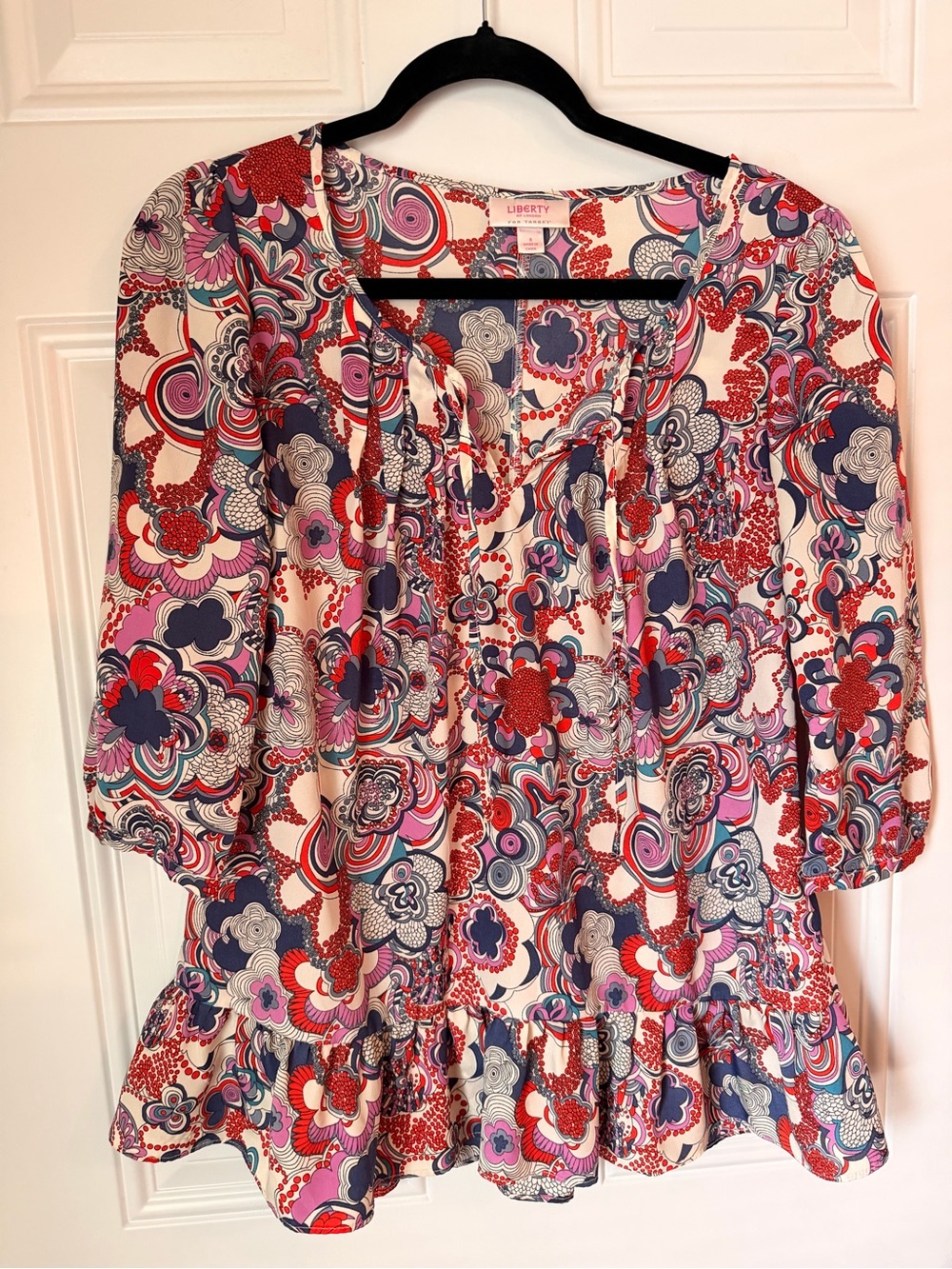 liberty Floral Tie-Front Tunic in Red, Pink, Navy, Cream